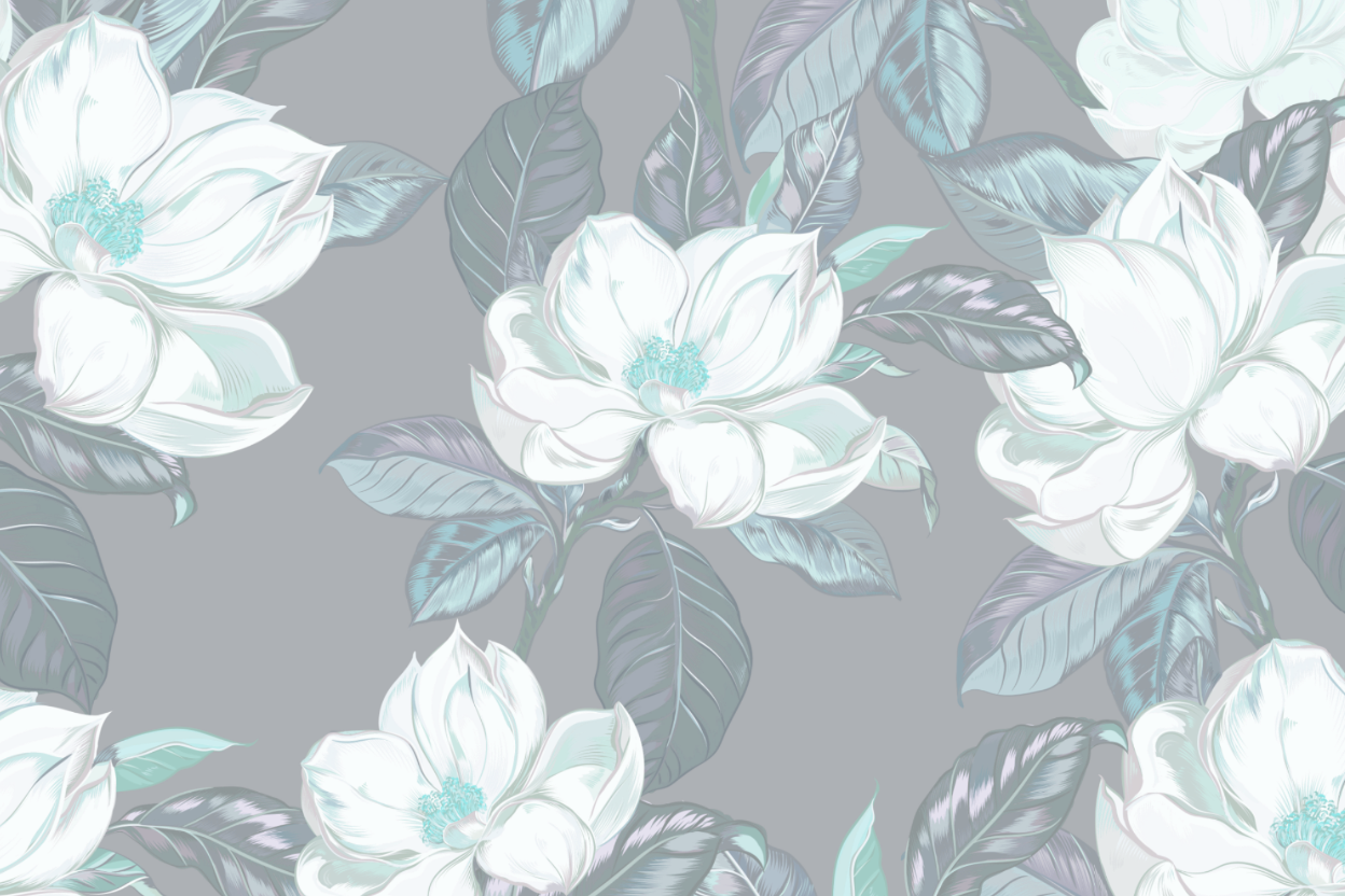 A repeating floral pattern featuring large white magnolia blossoms with pale aqua centers and muted gray-green leaves on a light gray background.