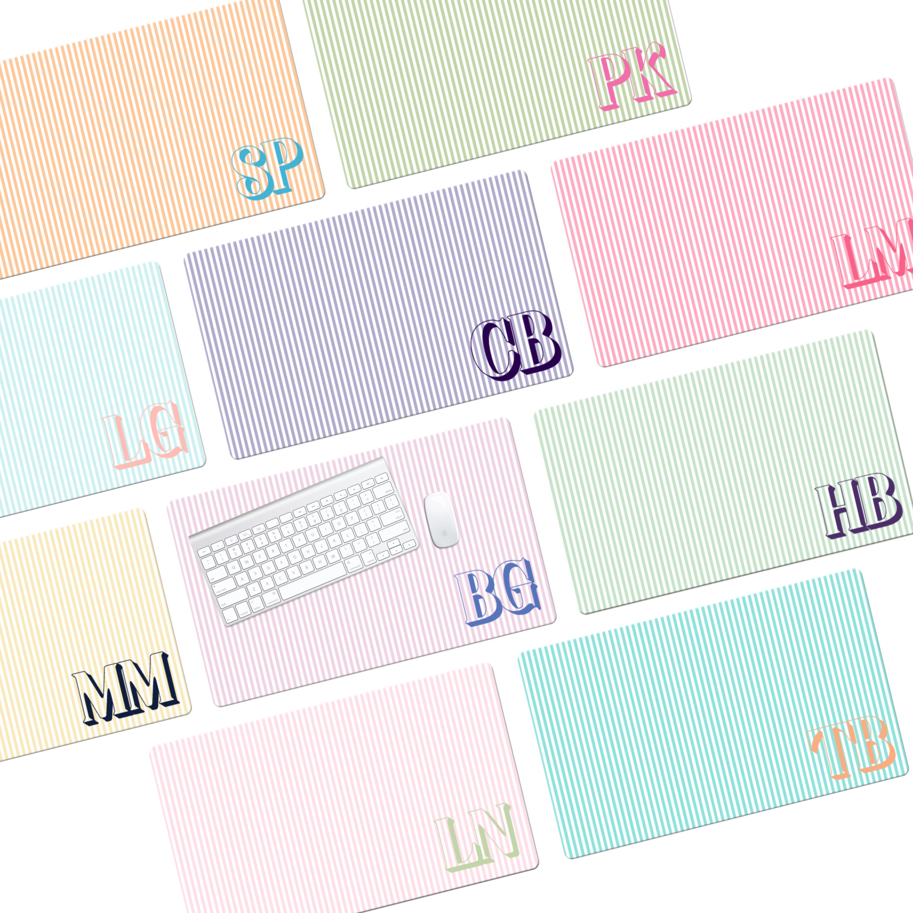 a collage of 12 pastel stripe desk pads personalized with shadow initials